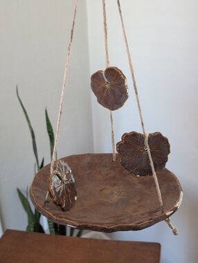 Hanging Rustic Ceramic Bird Feeder Bird Bath– Brown